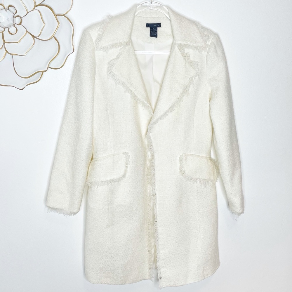 WD.NY tweed long jacket in an off white with fringe trim
